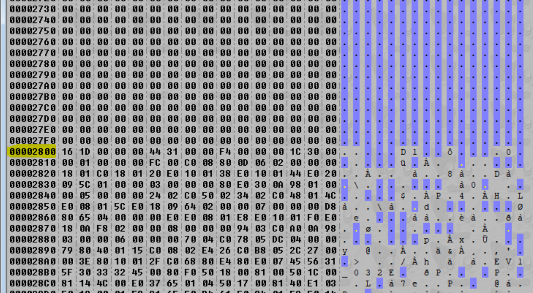 evt.bin open in Crystal Tile 2 showing a section of zeros above 0x2800