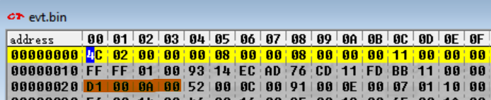 evt.bin open to 0x20 showing the bytes D1 00 0A 00 highlighted, indicating that these are the bytes we will search for
