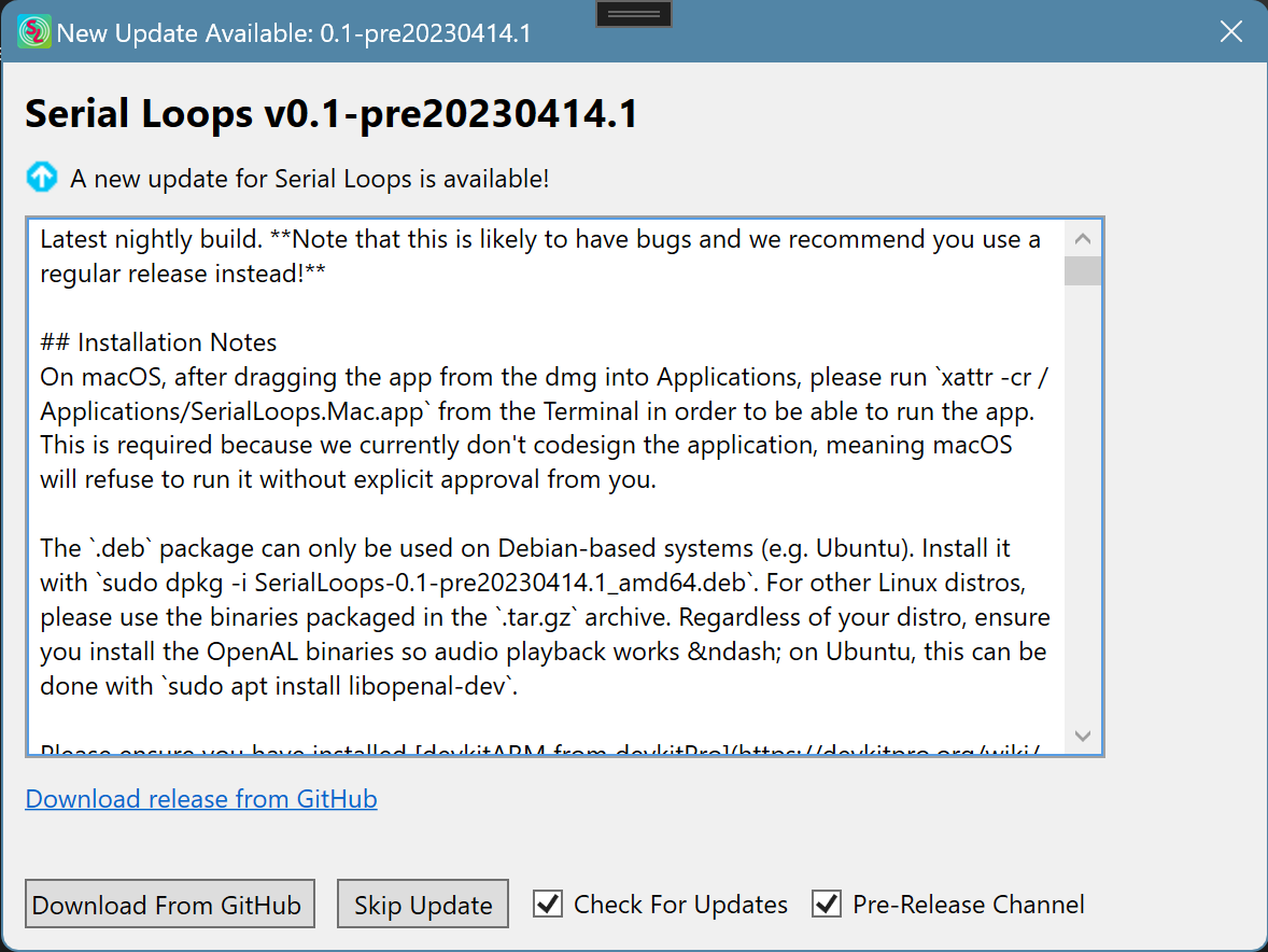 A screenshot of Serial Loops' update checker