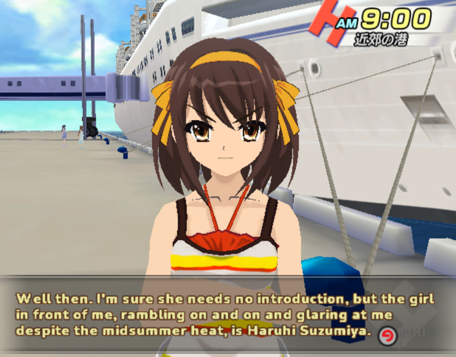 Haruhi Suzumiya standing beside the Oberon cruise liner, in the prologue of Suzumiya Haruhi no Heiretsu. Kyon monologues: "Well then. I'm sure she needs no introduction, but the girl in front of me, rambling on and on and glaring at me despite the midsummer heat, is Haruhi Suzumiya."