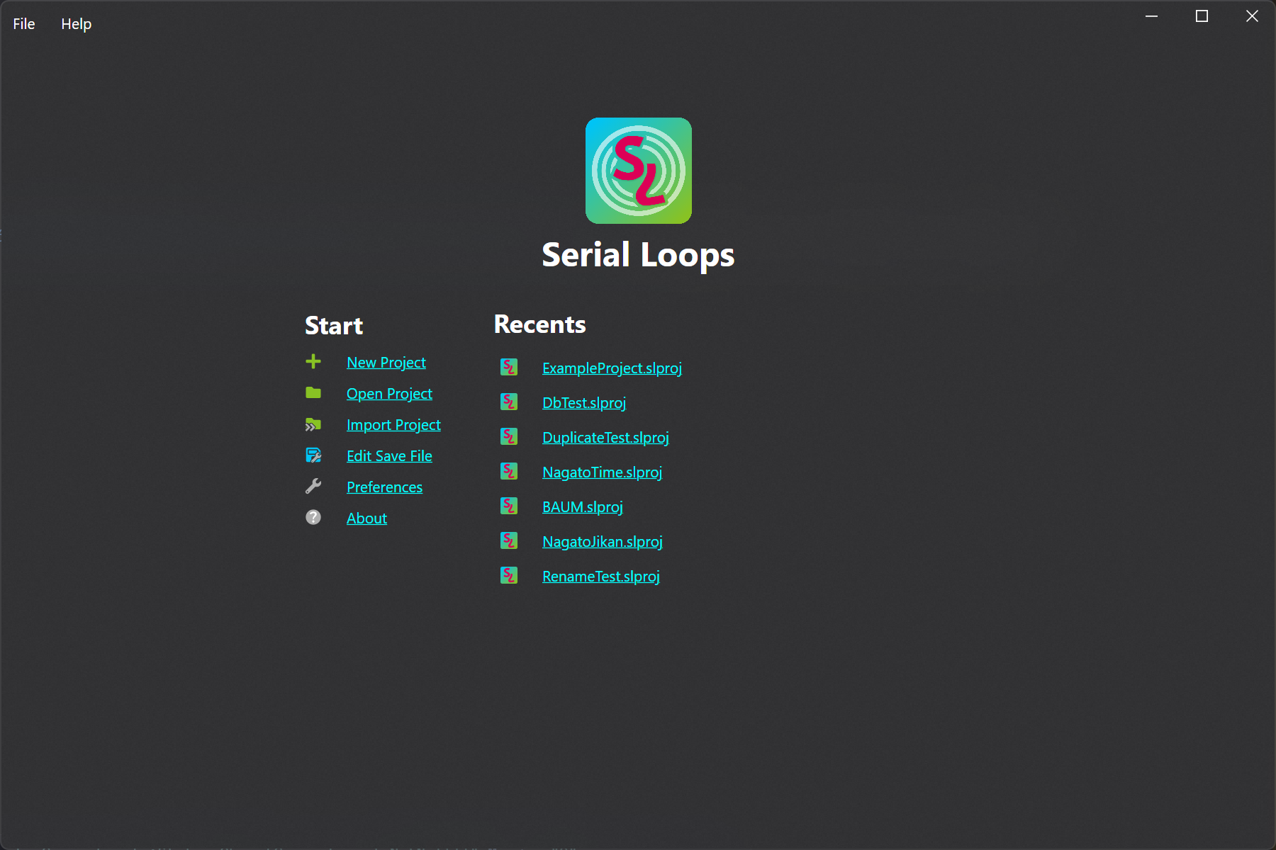 Screenshot of the Serial Loops home screen. The Serial Loops logo and title sits at the top of the menu. Below that, under 'Start' on the left hand side, options to create a project, open an existing project, and modify preferences are present. An empty list of 'Recents' is visible on the right hand side, where recent projects would appear.